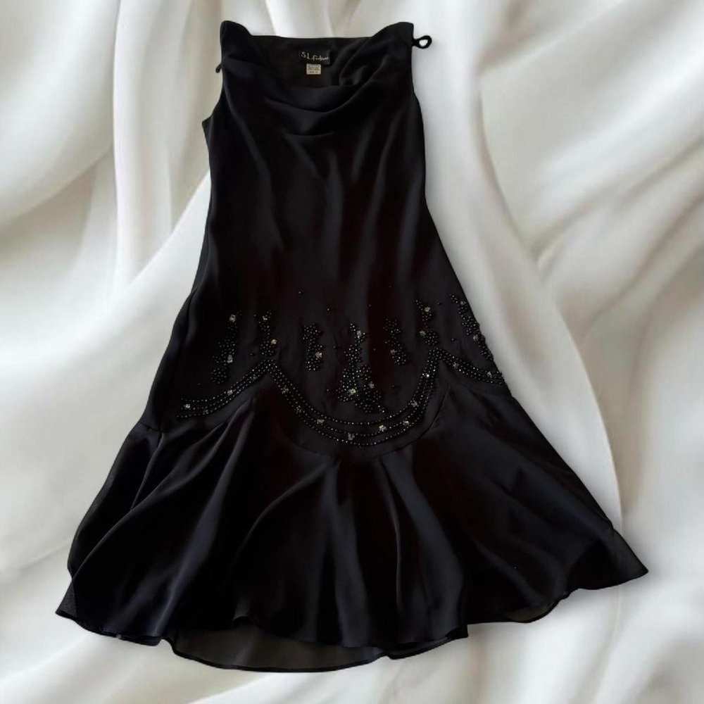 Y2K vintage S.L. Fashions slouch neck black beaded formal fairy dress